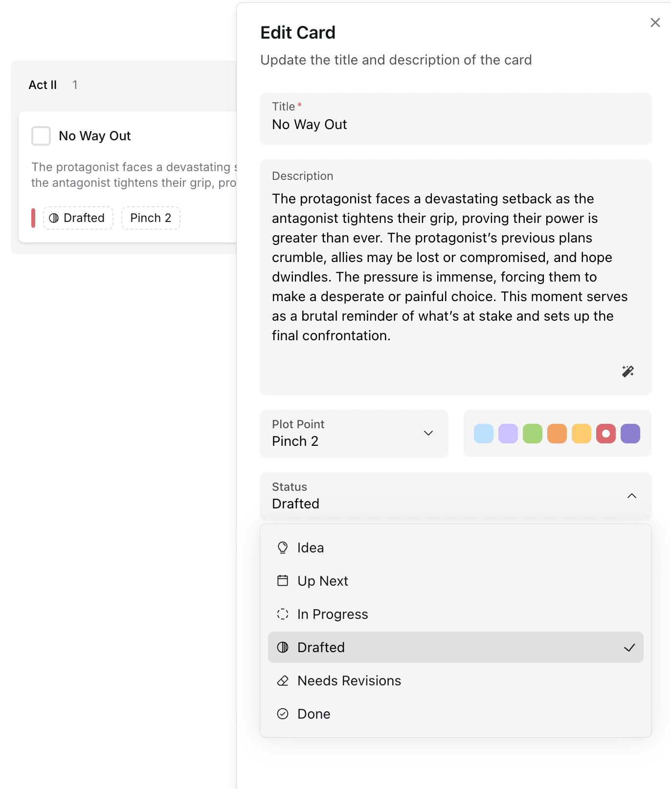 Scriptor beat board interface showing drag-and-drop story outline tools and visual story mapping