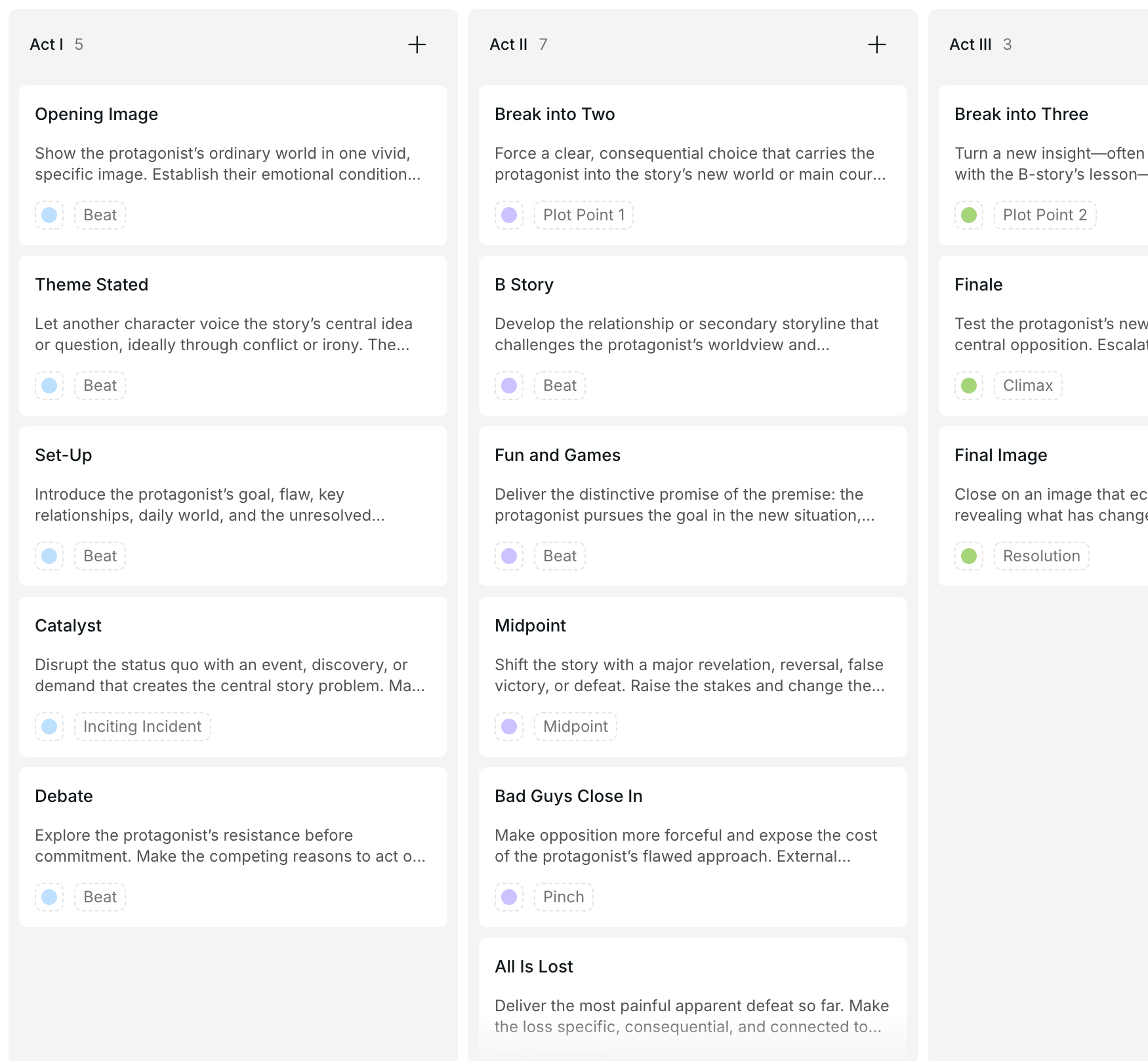 Scriptor beat board interface showing drag-and-drop story outline tools and visual story mapping